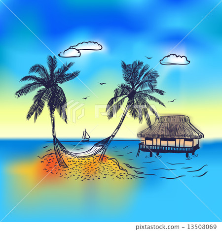 Paradise island with bungalow palm tree 13508069