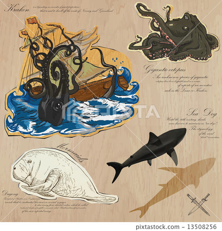 Pirates - Sea Monsters. Hand drawn and mixed media - vector illustration 13508256