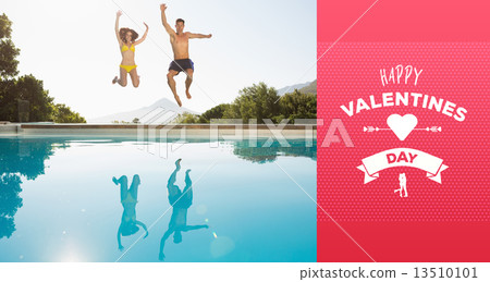 Composite image of cheerful couple jumping into swimming pool 13510101