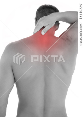 Shirtless man with shorts having a neck ache 13510229