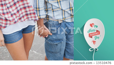 Composite image of couple in check shirts and denim holding hand 13510476