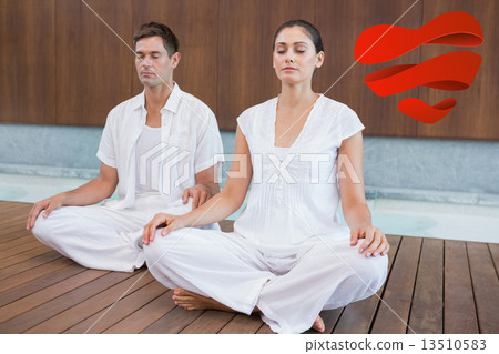 Composite image of attractive couple in white sitting in lotus p Composite image of attractive couple in white sitting in lotus p 13510583