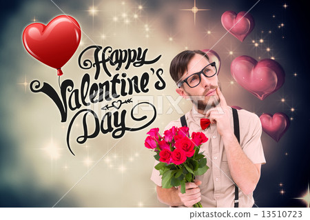 Composite image of geeky hipster offering bunch of roses Composite image of geeky hipster offering bunch of roses 13510723