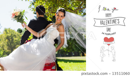 Composite image of newlywed couple sitting on scooter in park 13511060