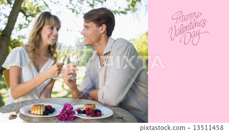 Composite image of cute happy couple sitting outside toasting wi Composite image of cute happy couple sitting outside toasting wi 13511458