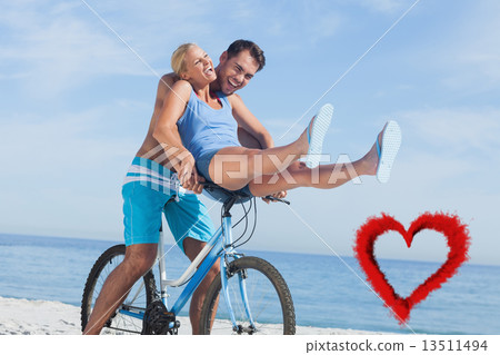 Composite image of happy man giving girlfriend a lift on his cro Composite image of happy man giving girlfriend a lift on his cro 13511494