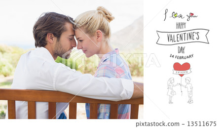 Composite image of cute couple sitting on bench together smiling Composite image of cute couple sitting on bench together smiling 13511675