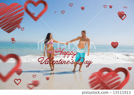 Composite image of handsome man holding his girlfriends hand 13511913
