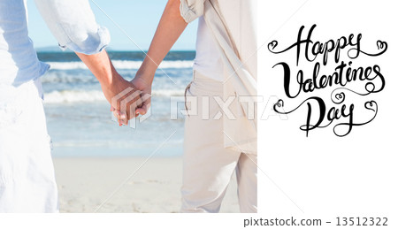 Composite image of couple on the beach looking out to sea holdin Composite image of couple on the beach looking out to sea holdin 13512322