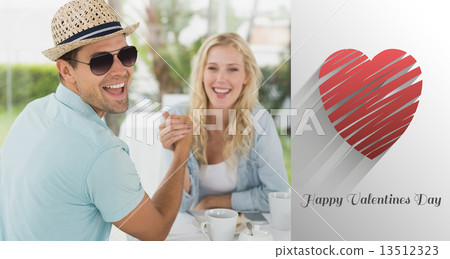 Composite image of hip young couple having coffee together Composite image of hip young couple having coffee together 13512323