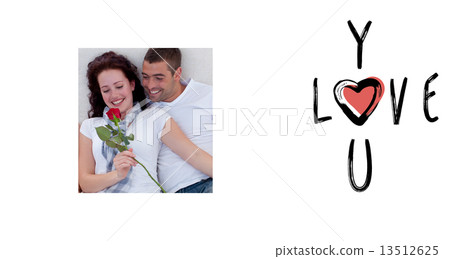 Composite image of couple on sofa with a rose Composite image of couple on sofa with a rose 13512625