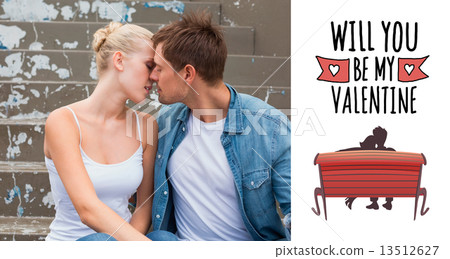 Composite image of hip young couple sitting on steps kissing Composite image of hip young couple sitting on steps kissing 13512627