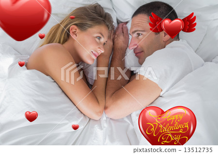 Composite image of cute couple lying and looking at each other i 13512735
