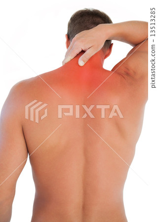 Shirtless man with shorts having a neck ache 13513285
