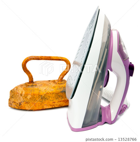 Old rusty pig-iron iron and modern new electric iron on white background 13528766