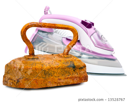 Old rusty pig-iron iron and modern new electric iron on white background 13528767