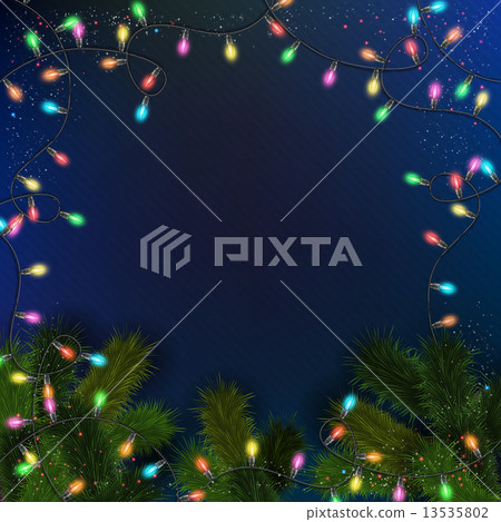 Blue background with realistic garland and fir... - Stock Illustration ...