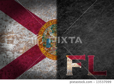 Old rusty metal sign with a flag and US state abbreviation Old rusty metal sign with a flag and US state abbreviation 13537099