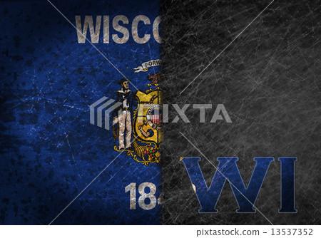 Old rusty metal sign with a flag and US state abbreviation 13537352