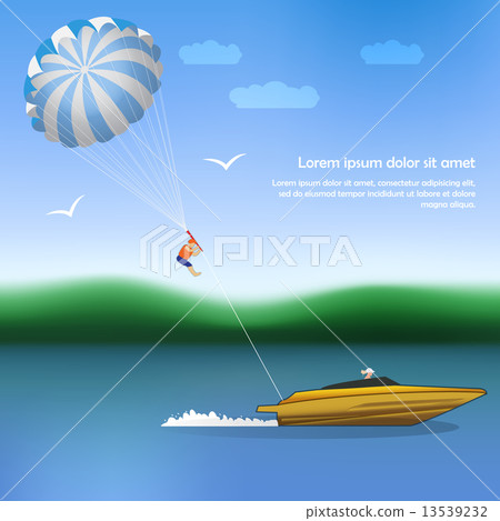 Summer parachuting over river with boat.  13539232