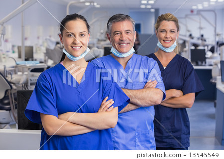 Portrait of smiling co-workers in a line with arms crossed 13545549