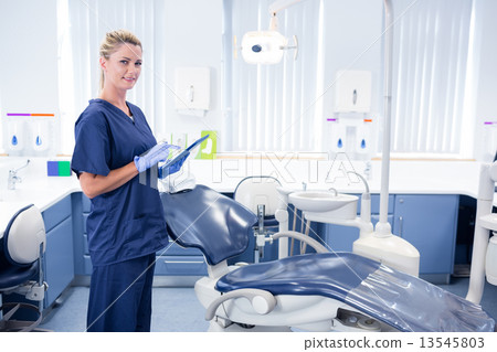 Smiling dentist working on tablet pc and looking at camera 13545803