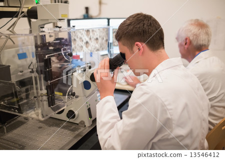 Biochemist and student looking at microscopic images on computer Biochemist and student looking at microscopic images on computer 13546412