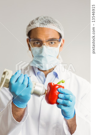 Food scientist using device on pepper 13546915