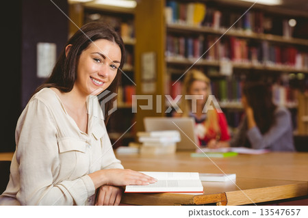 Smiling student sitting at desk reading text book Smiling student sitting at desk reading text book 13547657