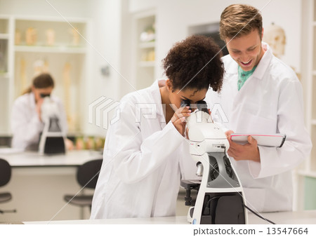 Medical students working with microscope Medical students working with microscope 13547664