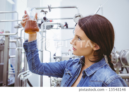 Stylish brunette in denim jacket looking at beaker of beer Stylish brunette in denim jacket looking at beaker of beer 13548146