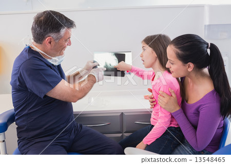 Pediatric dentist explaining to young patient and her mother the 13548465