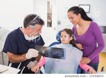 Pediatric dentist explaining to young patient and her mother the 13548654