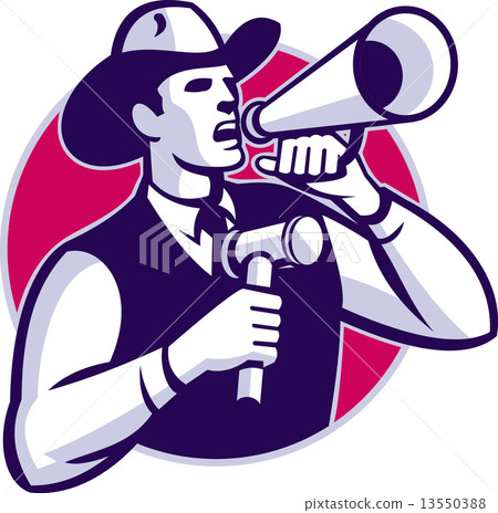 Auctioneer Cowboy With Gavel And Bullhorn Auctioneer Cowboy With Gavel And Bullhorn 13550388
