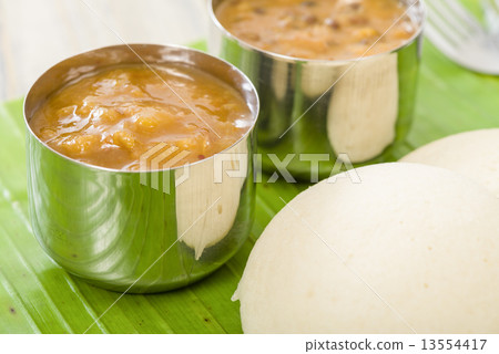 Idli, Chutney and Sambar - Indian steamed rice cakes and sides  13554417