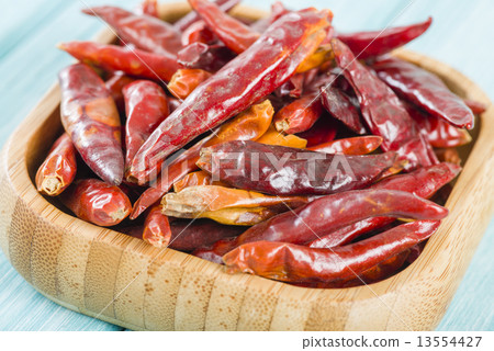 Red Dried Chillies - Dry chillies in a bamboo bowl  13554427