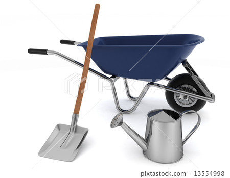 Garden tools. Garden wheelbarrow, watering can and a shovel 13554998