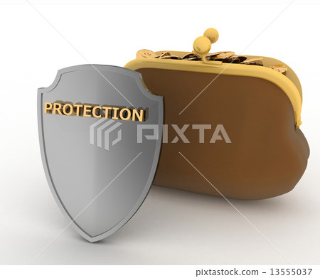 Purse full of money and Shield. Concept of saving money 13555037