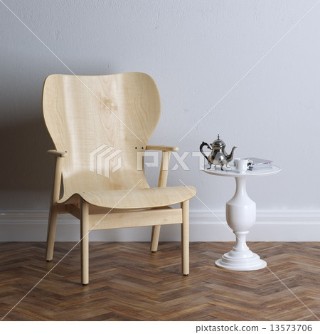New interior design with wooden armchair. Coffee time. New interior design with wooden armchair. Coffee time. 13573706