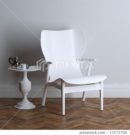 White wooden furniture - armchair and small coffee table 13573708