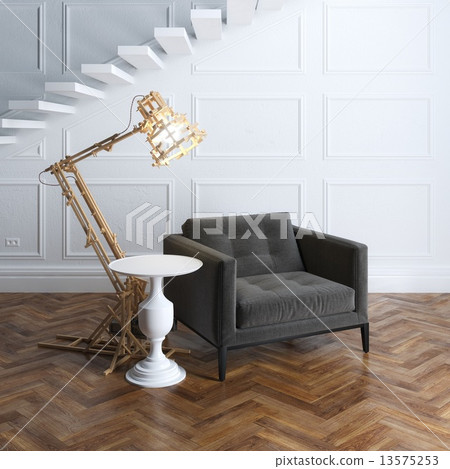 Luxury interior with classic grey armchair and fancy wooden lamp 13575253