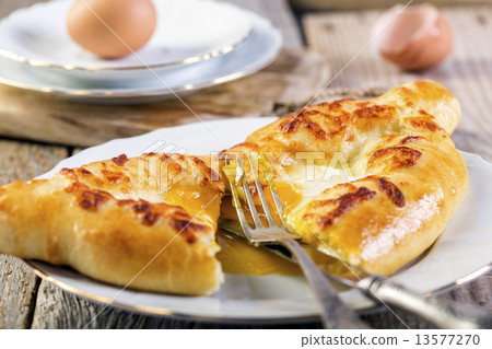 Cut Adjara khachapuri. Cheese pie. 13577270