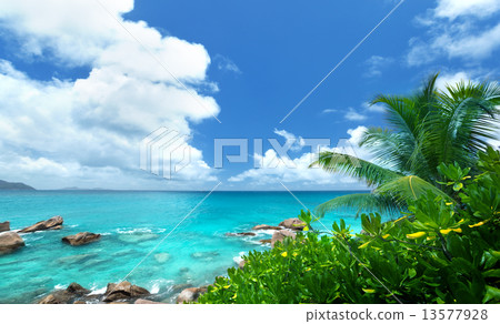 sea and tropical plants on La Digue island in Seychelles sea and tropical plants on La Digue island in Seychelles 13577928