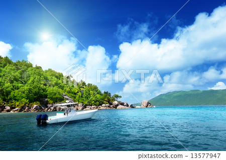 speed boat on the beach of La Digue Island, Seychelles 13577947