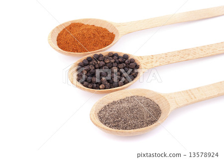 Spices on wooden spoons isolated on white background. 13578924