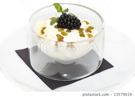 cottage cheese with sour cream and raisins on a white background 13579019