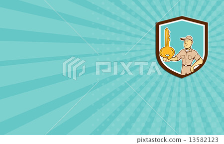 Business card Locksmith Balancing Key Palm Shield Cartoon 13582123