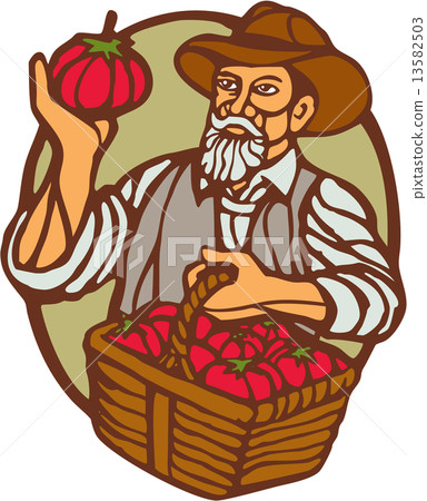 Organic Farmer Tomato Basket Woodcut Linocut 13582503