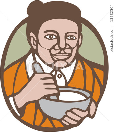 Granny Cook Mixing Bowl Linocut 13582504