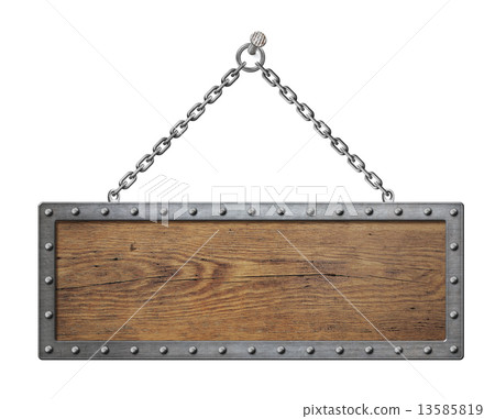 wooden sign board with metal chain isolated wooden sign board with metal chain isolated 13585819